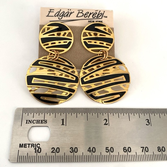 Edgar Berebi Vintage Gold Plated Black Enamel Round Dangle Earrings - Picture 3 of 5